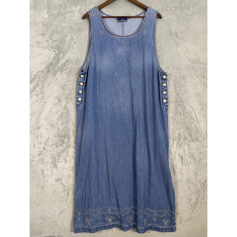 TY Wear Dress Sz 18W Blue Denim Jumper Embroidered Button Side Slits Pinafore‎